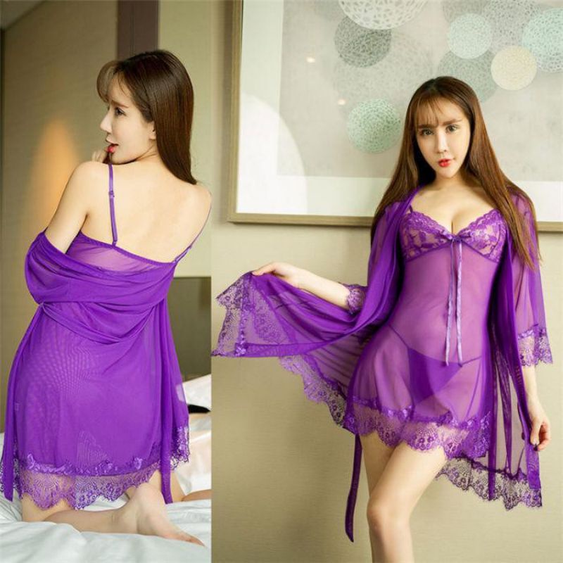 KIMONO LINGERIE COSPLAY BAJU HARAM PAKAIAN DALAM WANITA BAJU DINAS DEPAN SUAMI BODYCON DRESS BAJU DINAS MALAM DASTER SEXY BIG SIZE SLEEPWEAR SEXY-Ungu