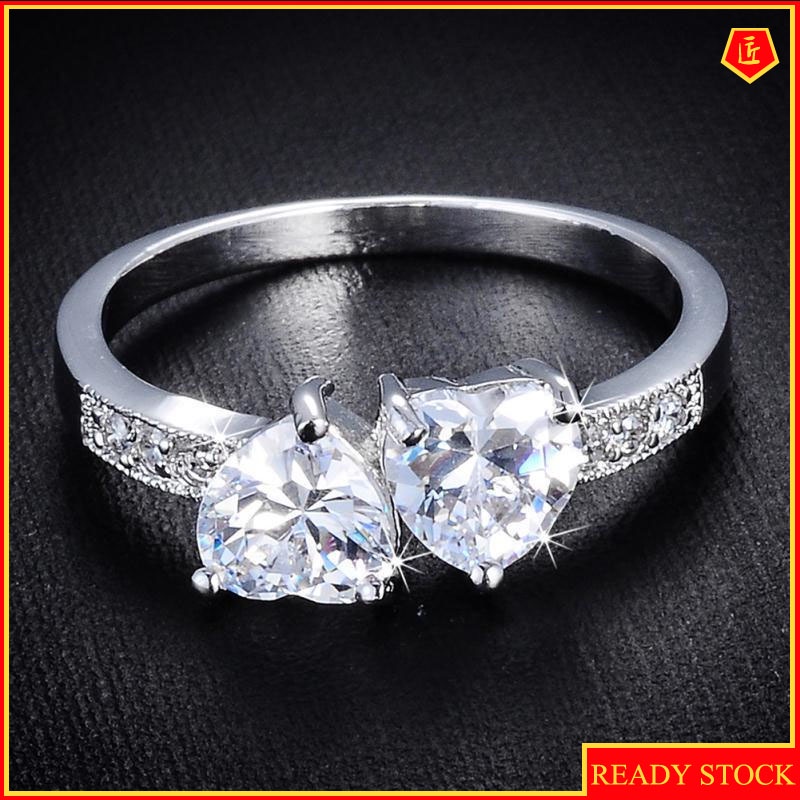 [Ready Stock]Fashion Double Heart-Shaped Moissanite Ring Female