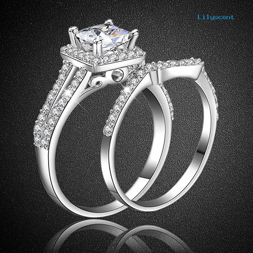 2pcs / Set Cincin 925 Sterling Silver Model Princess Cut Untuk Wanita