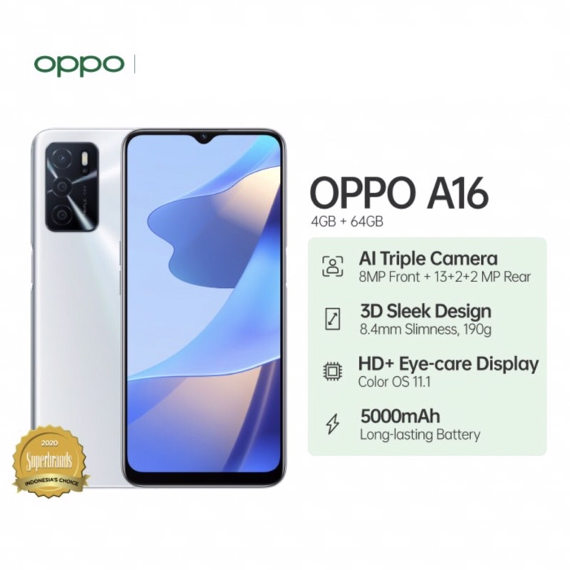 Oppo A16 [4GB+64GB ] Helio G35 - 13MP Triple Camera - 6.52&quot; IPS LCD - 5000mAh Garansi Oppo 1 Tahun