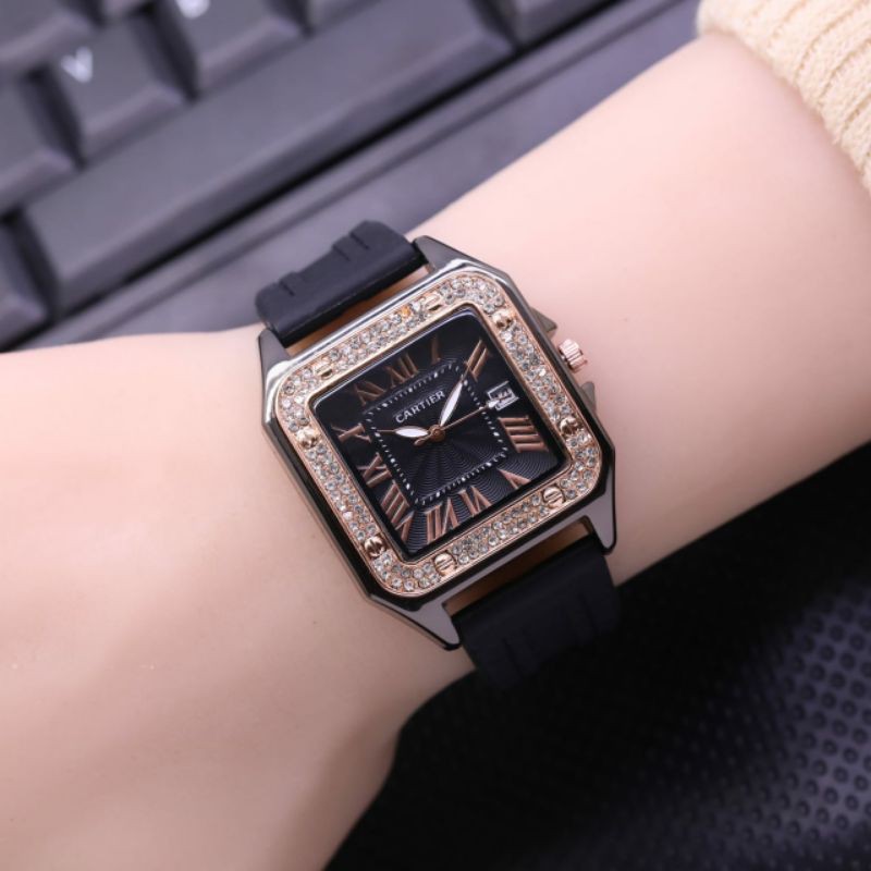 jam tangan wanita Cartier diamond rubber digital tgl aktif DM3.6cm