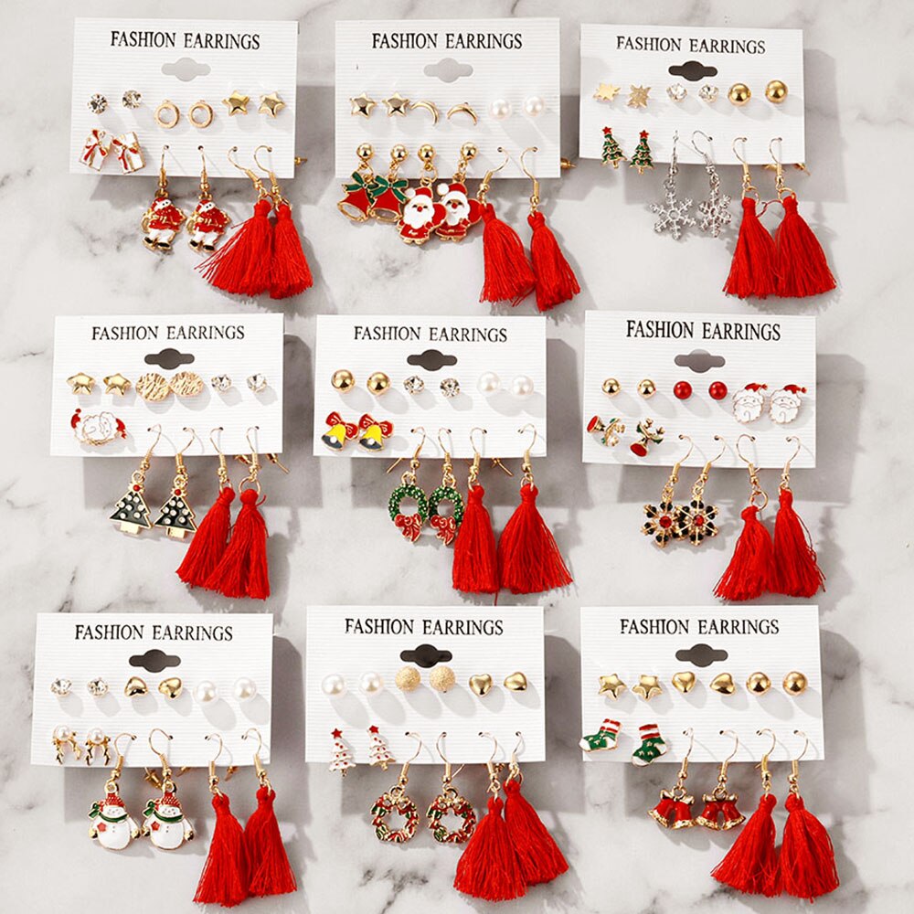 12pcs Anting Rumbai Geometris Warna Merah Untuk Hadiah Natal Anak Perempuan