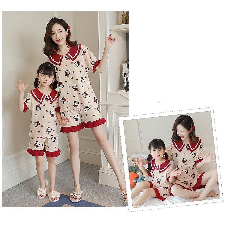 Piyama Couple Ibu dan Anak Import Pendek - Set Baju Tidur Katun Princess