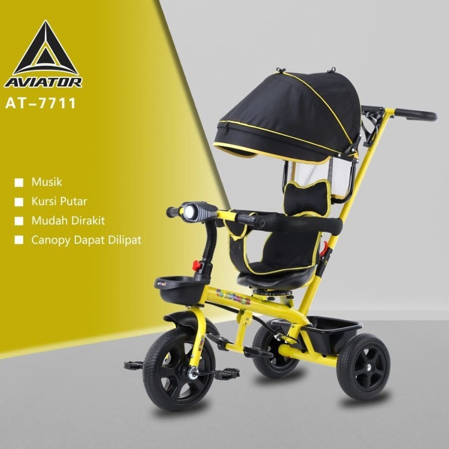 Sepeda Roda Tiga Aviator AT 7711 Stroller Kursi Putar Musik Tricycle