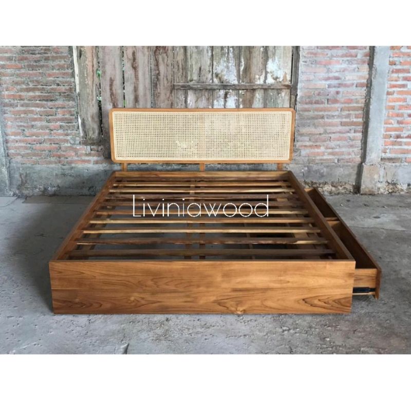Dipan tempat tidur minimalis 2 laci kayu jati rotan asli, ranjang bed sorong penyimpanan Natural