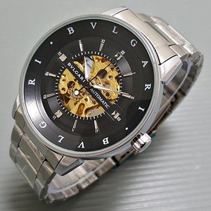 Jam Tangan Pria / Cowok Bvlgari Skeleton Strip Rantai Silver Black