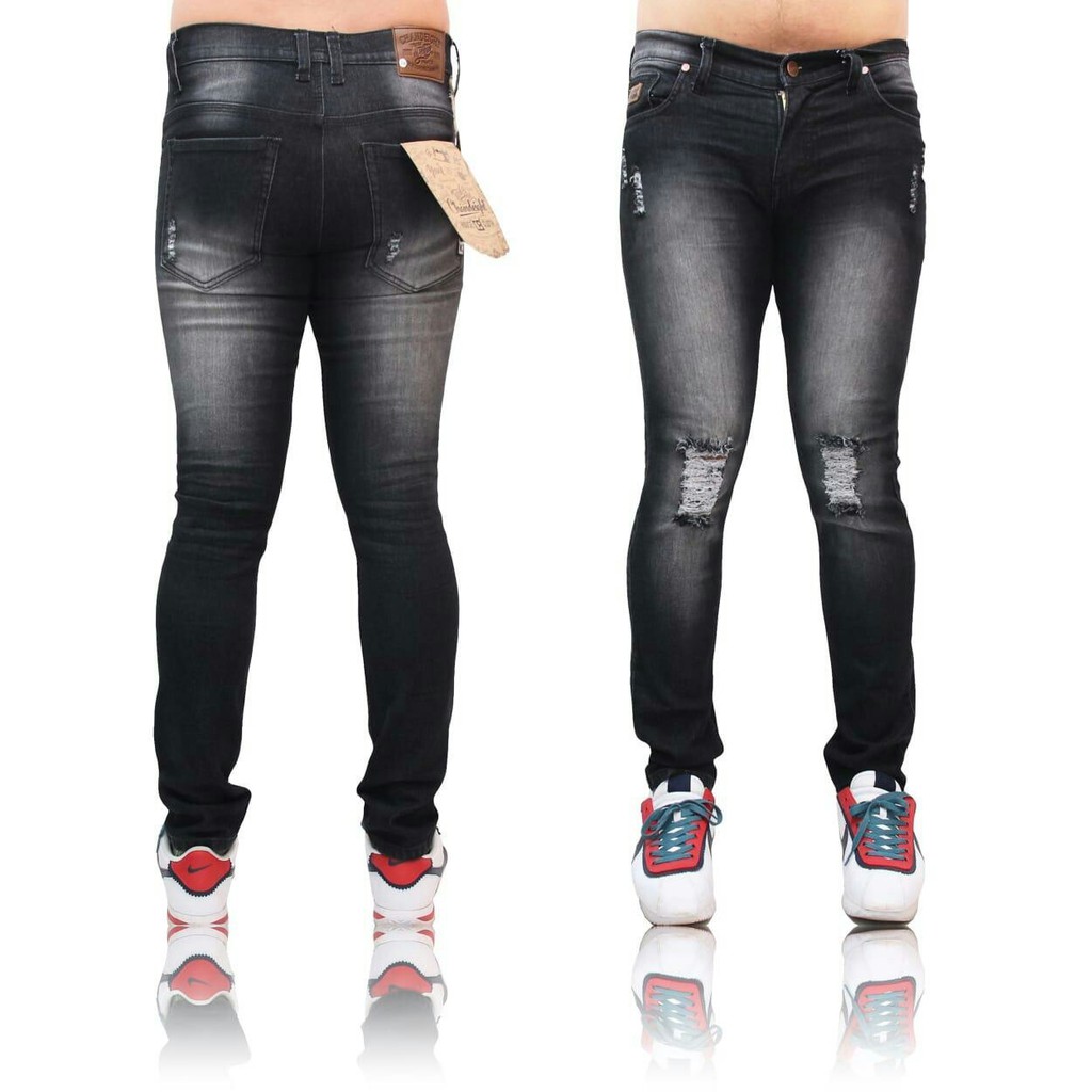 Celana jeans pria ripped sobek tembus hitam black Wash