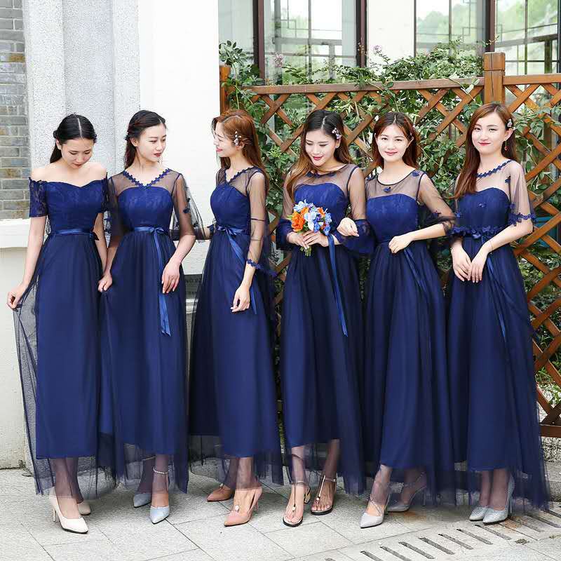 Dress Bridesmaid Model Slim, Gaya Korea, Warna Biru Navy