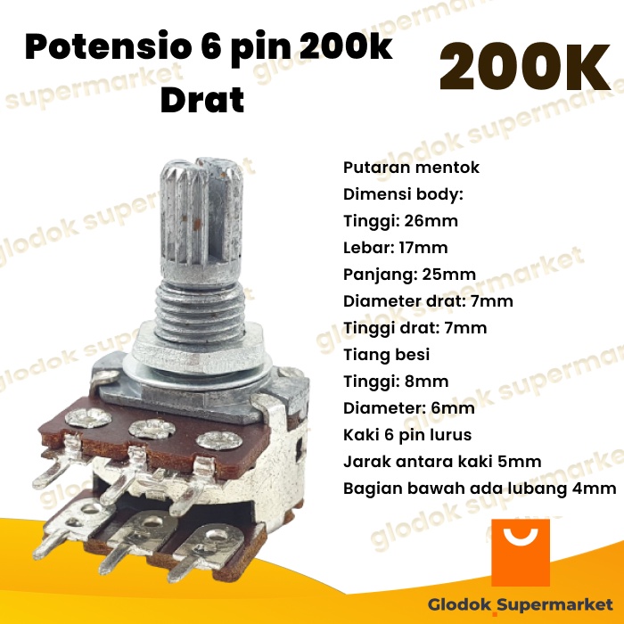 Potensio 6 pin 200k Drat Stereo Kaki 3-3 Lurus Volume Mixer 204