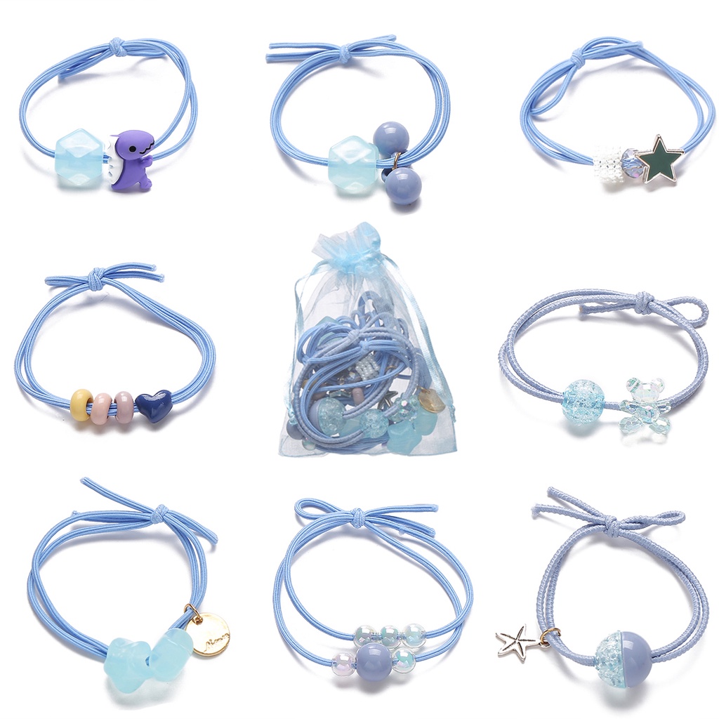 17km 8pcs / Set Ikat Rambut Karet Elastis Motif Kartun Aksen Kristal Untuk Aksesoris Anak Perempuan-4