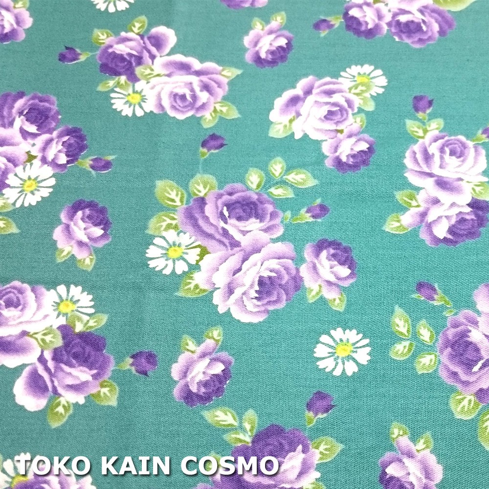 Kain katun Jepang Twill Japan Design - Bunga Rose/Mawar (Green/Hijau)