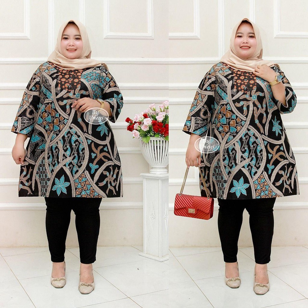 Tunik Batik Wanita Ukuran Jumbo LD 140cm Resleting Belakang Bahan Katun Adem Di Pakai Serap Keringat