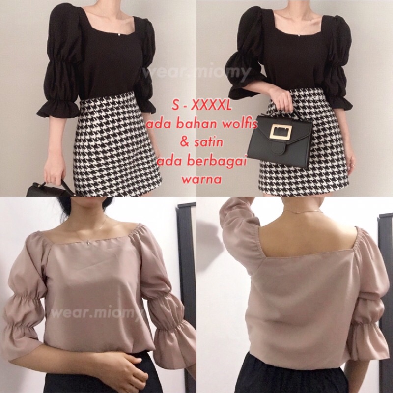 S-XXXXL Chava Blouse Wanita Kerut Puffy Sabrina Atasan perempuan lengan panjang pendek crop satin si