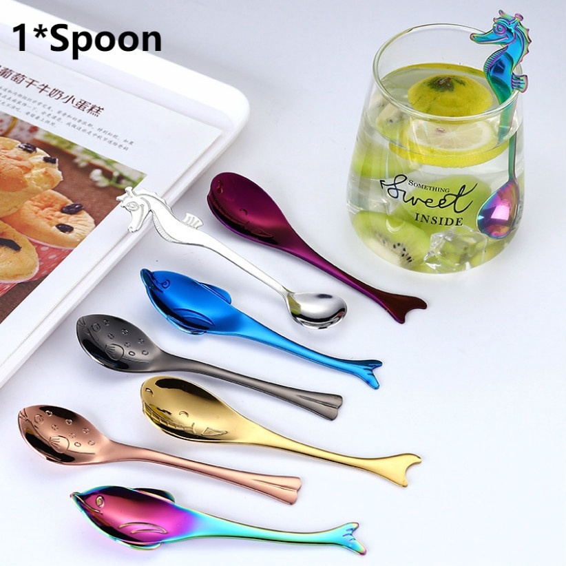 Creative Cute Seahorse Shark Dolphin Stainless Steel Coffee Hanging Spoon Tableware for Kitchen