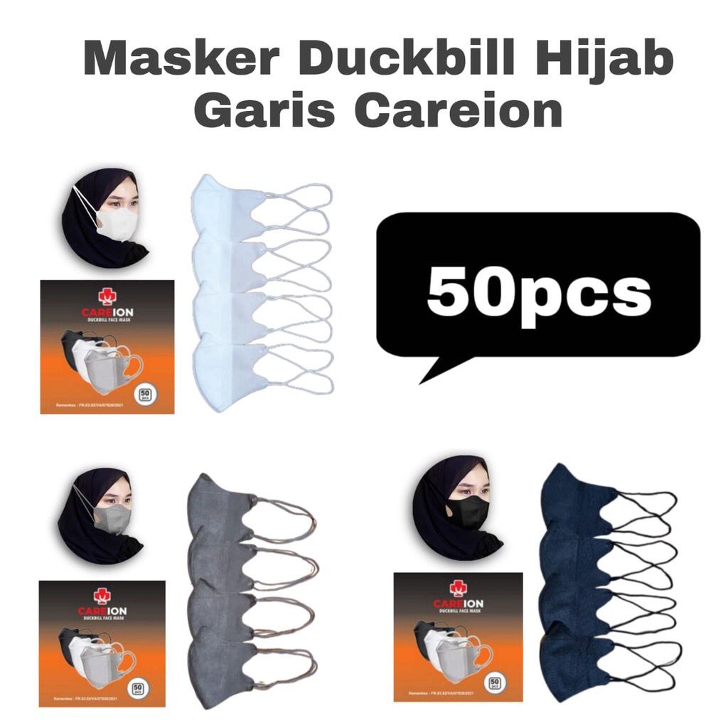 ENZ ® Masker Duckbill Hijab CAREION 3 Ply Masker Duckbill CAREION Headloop Masker Hijab Duckbill Earlop isi 50pcs 1029