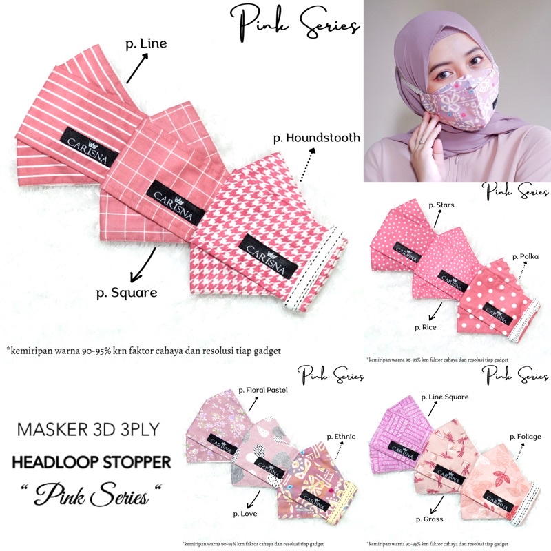 MASKER KAIN 3D 3PLY HEADLOOP STOPPER ORIGAMI NON MEDIS HIJAB “Pink Series”