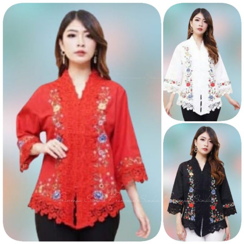 Kebaya Encim Alexuez Linen Kombinasi Brukat Premium Import Full Bordir