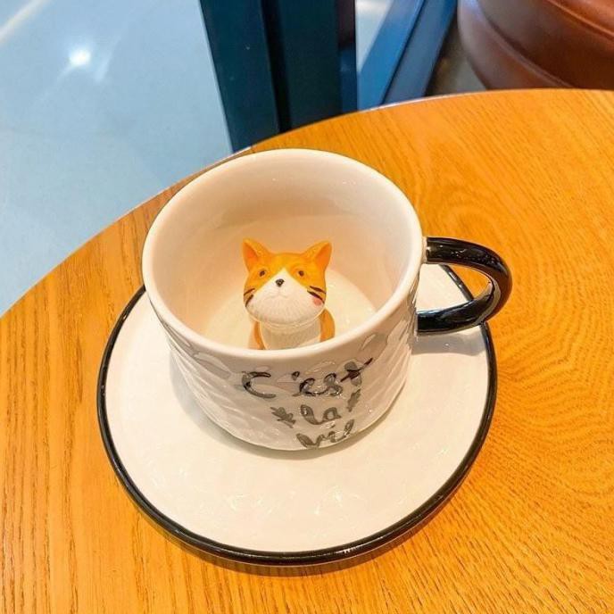 HOME DECOR Gelas Cangkir UnikMotif Kucing Keramik Cute Cat Mugs 3D - Kucing Orange