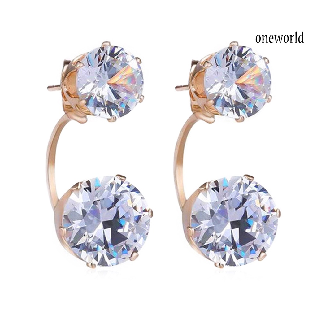 OW@ Ear Studs Double Rhinestones Fashion Drop Alloy Women Ear Jacket Earrings Jewelry for Party