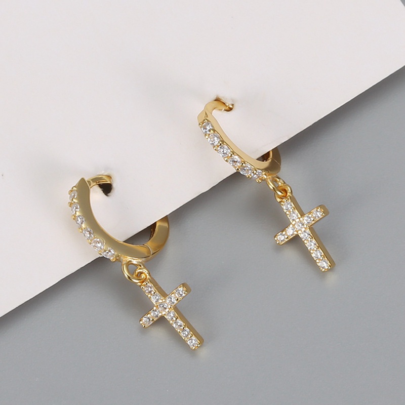 Anting Liontin Salib Bahan Zirkon Warna Silver Untuk Aksesoris Wanita