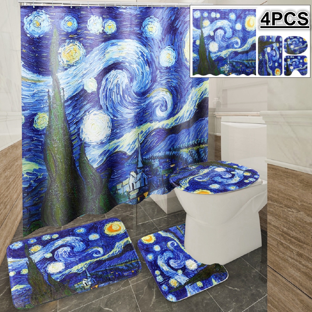 Van Gogh Star Night Bathroom Shower Curtain Toilet Seat Cover Set