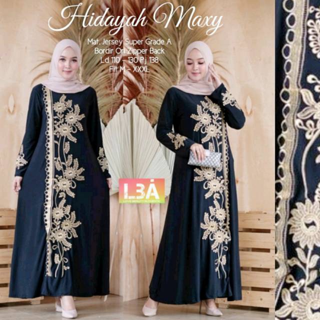 Hidayah Maxy Jumbo Gamis Syari LD 130 Gamis Jumbo Jersey Motif Bordir xxxl Ld 130cm Arabian Abaya Gamis Lebaran Remaja Muslimah Terbaru Seragaman Pengajian Murah Dress Wanita Muslimah Syar'i Gamis Polos Tebal Premium Warna Hitam