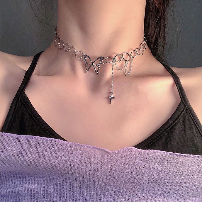 Kalung Choker Hias Liontin Kupu-Kupu Hati Mutiara Gaya Korea Untuk Wanita