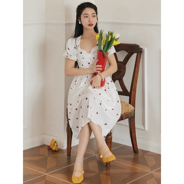 BKY - Korean Midi Dress Puff Sleeves Heart Shaped Neckline - TaeRi