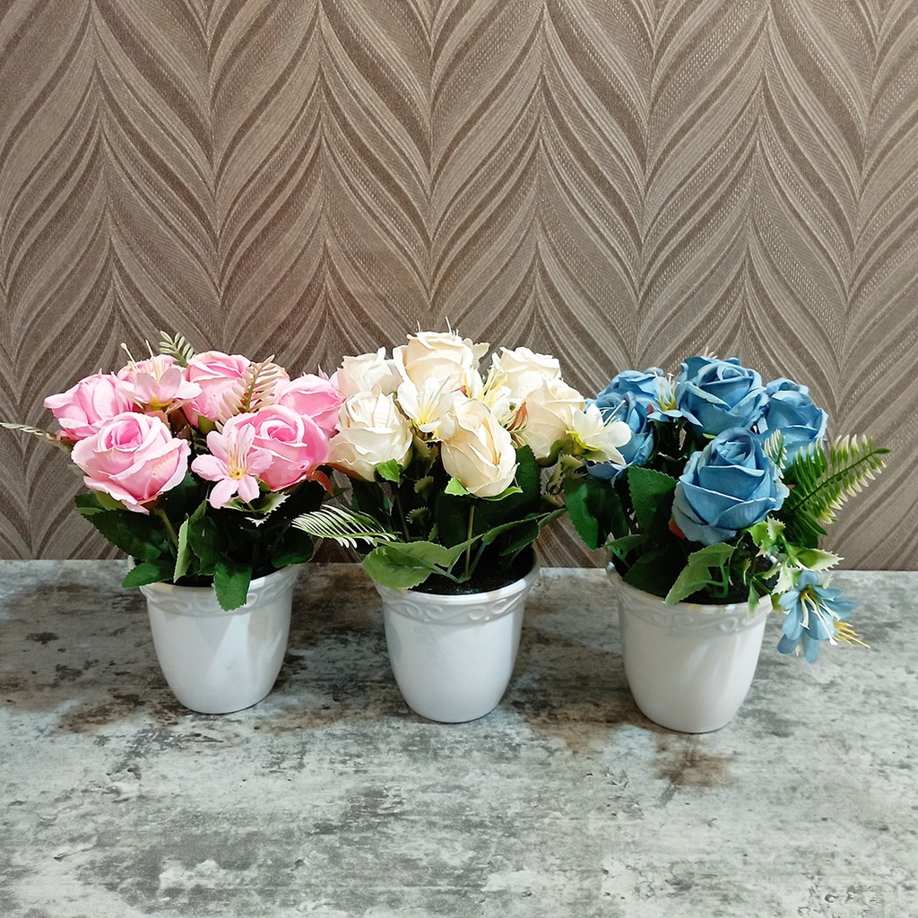 Bunga Hias Mawar Dan Pot Melamin/Bunga Mawar Artificial Hias Meja Rak Dinding Ruang Tamu 0233
