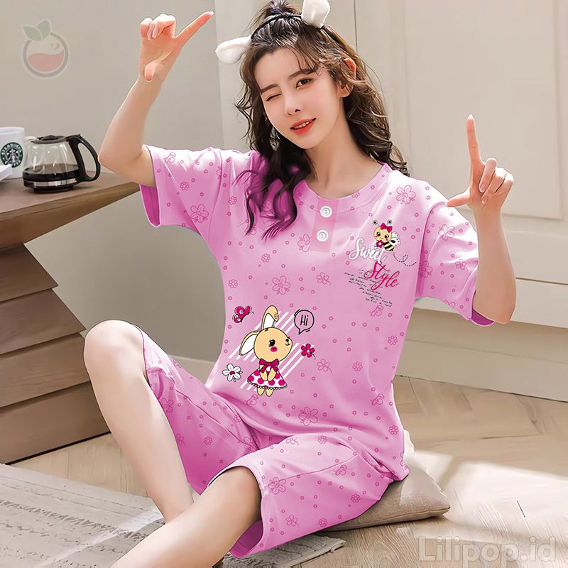 SUNCHERY COD BAJU TIDUR 3/4 ALL SIZE/BABYDOLL KEKINIAN MURAH/SLEEPWEAR WANITA-STYLE PINK