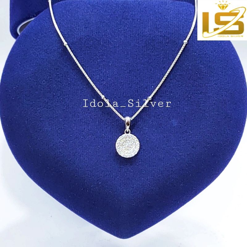 KALUNG PERAK ASLI SILVER WANITA 925 LAPIS EMAS PUTIH MODEL LIONTIN BULAT PERMATA FULL - PERHIASAN PERAK WANITA