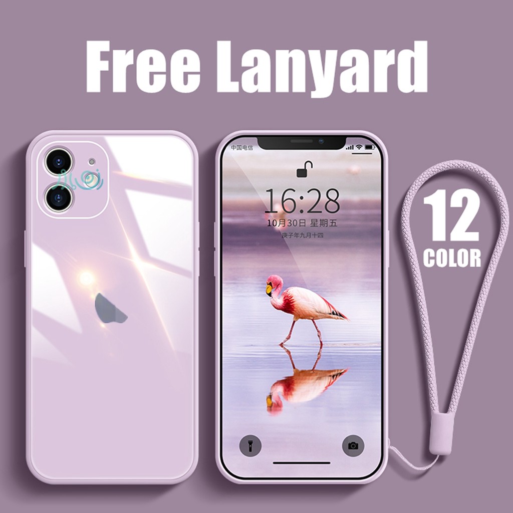 【Free Lanyard】Macaron Casing iPhone 13 pro max 11 12 Pro MAX XS MAX XR X 11 Pro max Tempered Glass Case Square Silicone back cover