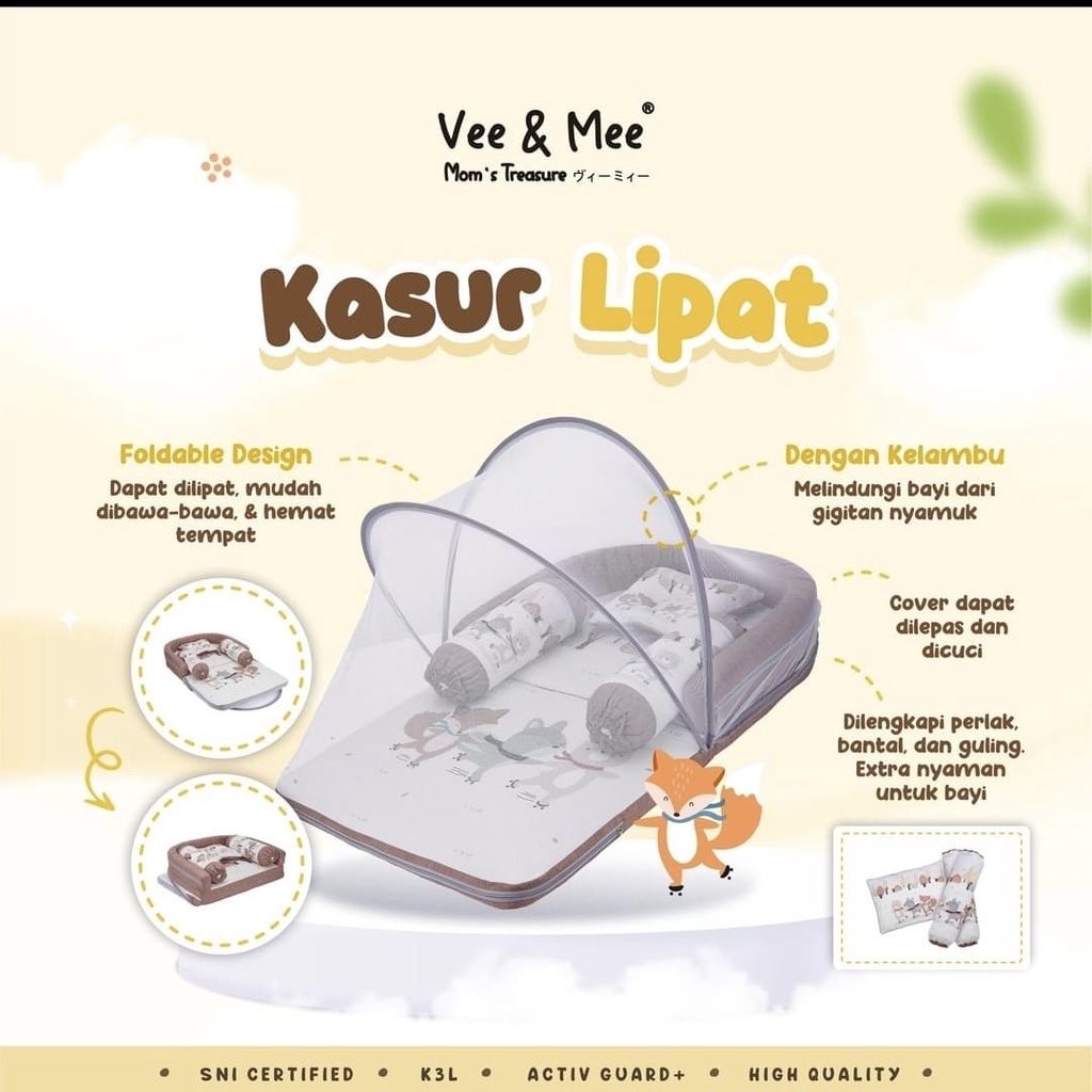 [2 Kg] Vee &amp; Mee Kasur Bayi Lipat Bumper Anti Bakteri + Kelambu Raccoon &amp; Friends Series -  VMK 1050
