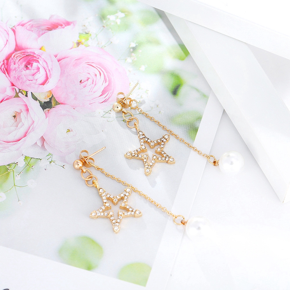 [Bayar Di Tempat] Korea style woman sweet Star Pearl gold earring dangle Tassel Anting studs jewelry-2