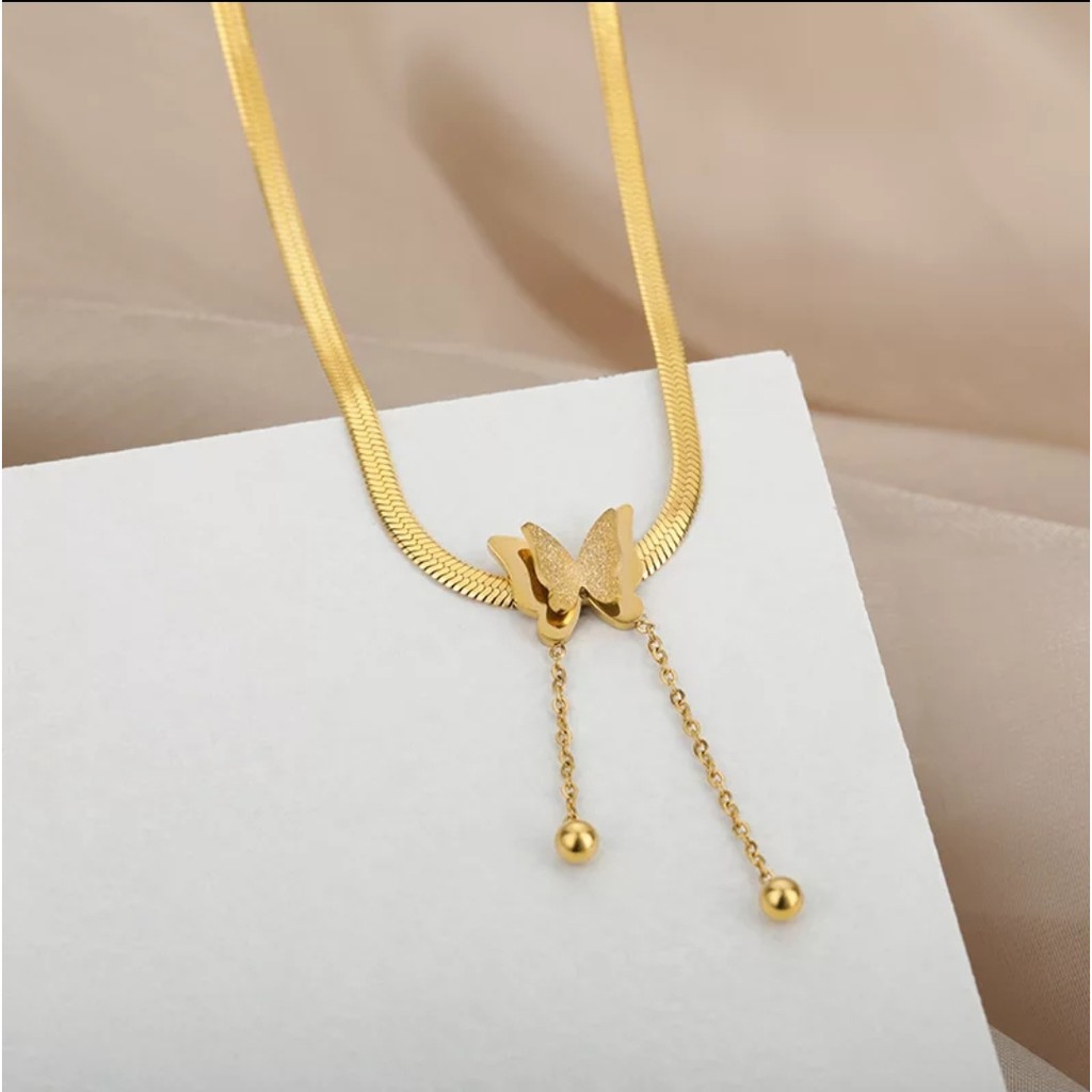Kalung Rantai Belut Titanium Model Kupu - Kupu Rumbai Tersedia Warna Gold, Rose Gold dan Silver