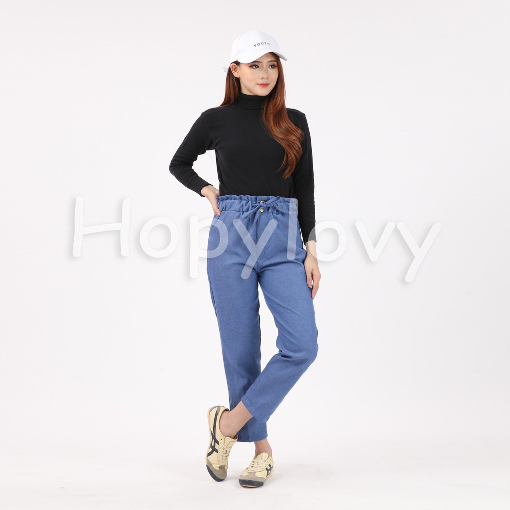 HOPYLOVY - Celana Panjang Wanita Katun Denim Full Pinggang Karet / Miya Pants