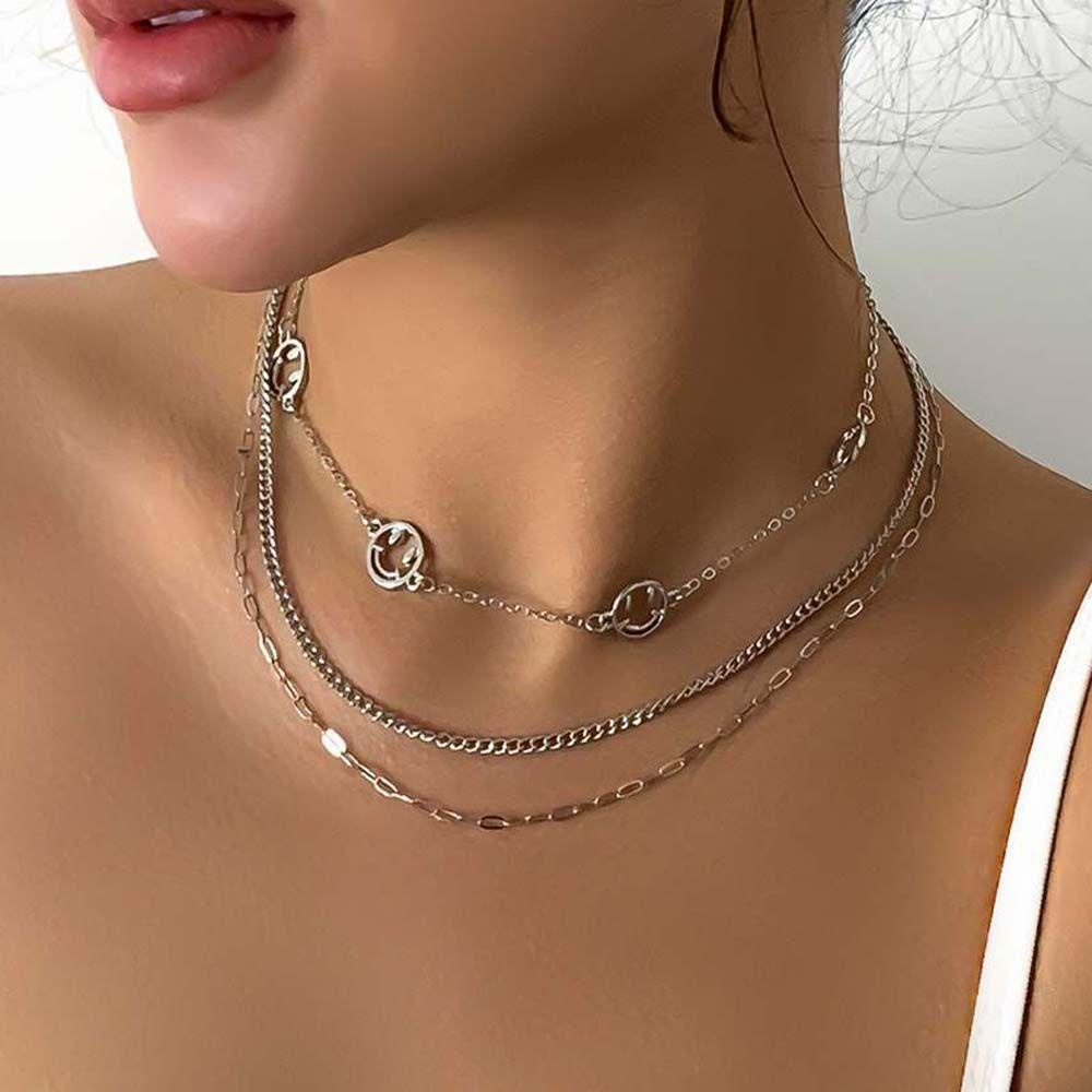 Mxbeauty Kalung Wanita Kepribadian Geometris Smiley Sederhana Multi-layer Hollow Alloy Hip Hop Gaya Korea Necklace