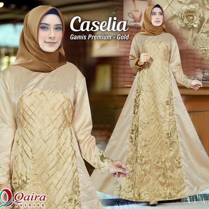 baju gamis wanita muslim pesta caselia gold gamis cantik bordir mewah