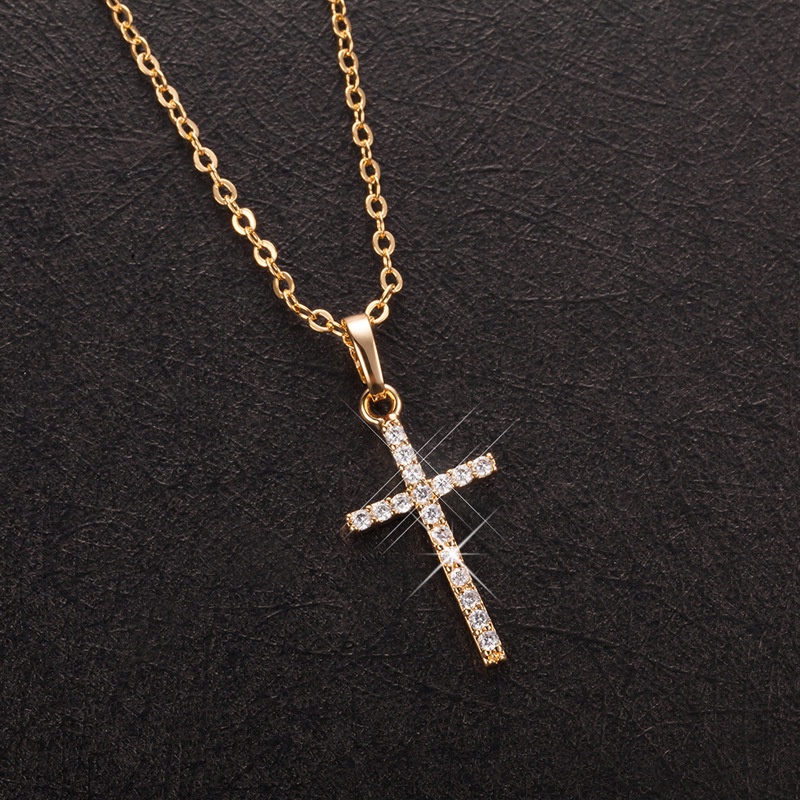 Kalung Liontin Salib Yesus Bahan Stainless Steel Aksen Kristal Untuk Wanita