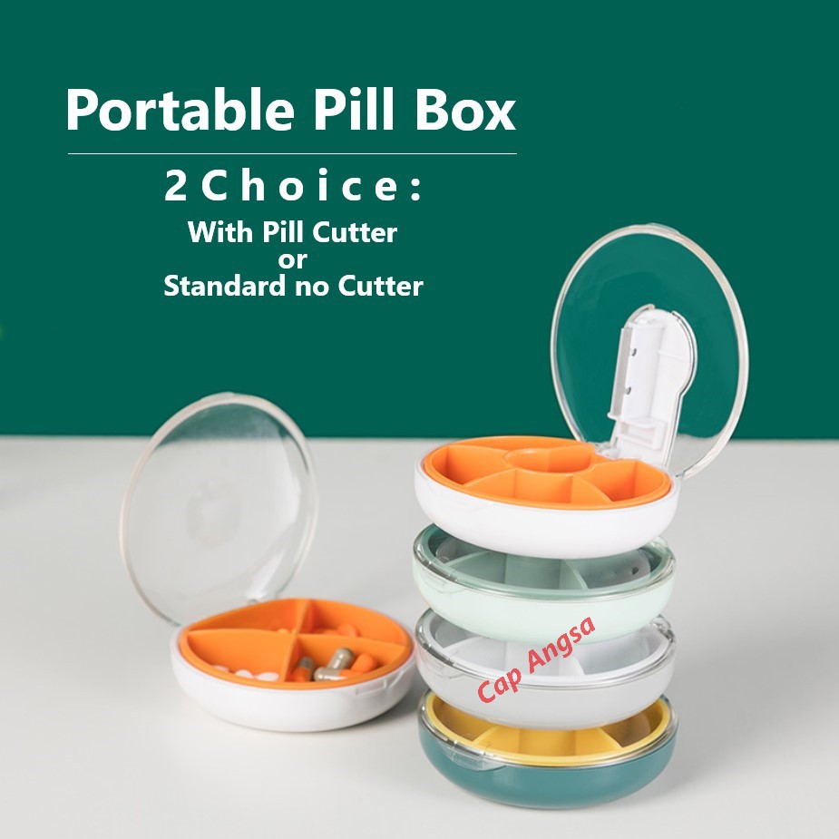 PILL CUTTER PEMOTONG BELAH ROUND PIL BOX BULAT BUNDAR KAPSUL CAPSULE TABLET 4 PARTITION SEL CELL