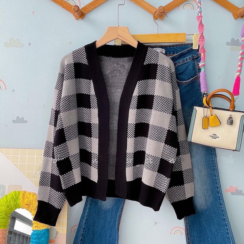 Square Cardy Cardigan Rajut Wanita Kotak Crop | Kardigan Rajut Wanita Motif Kotak Premium | Outer Kn
