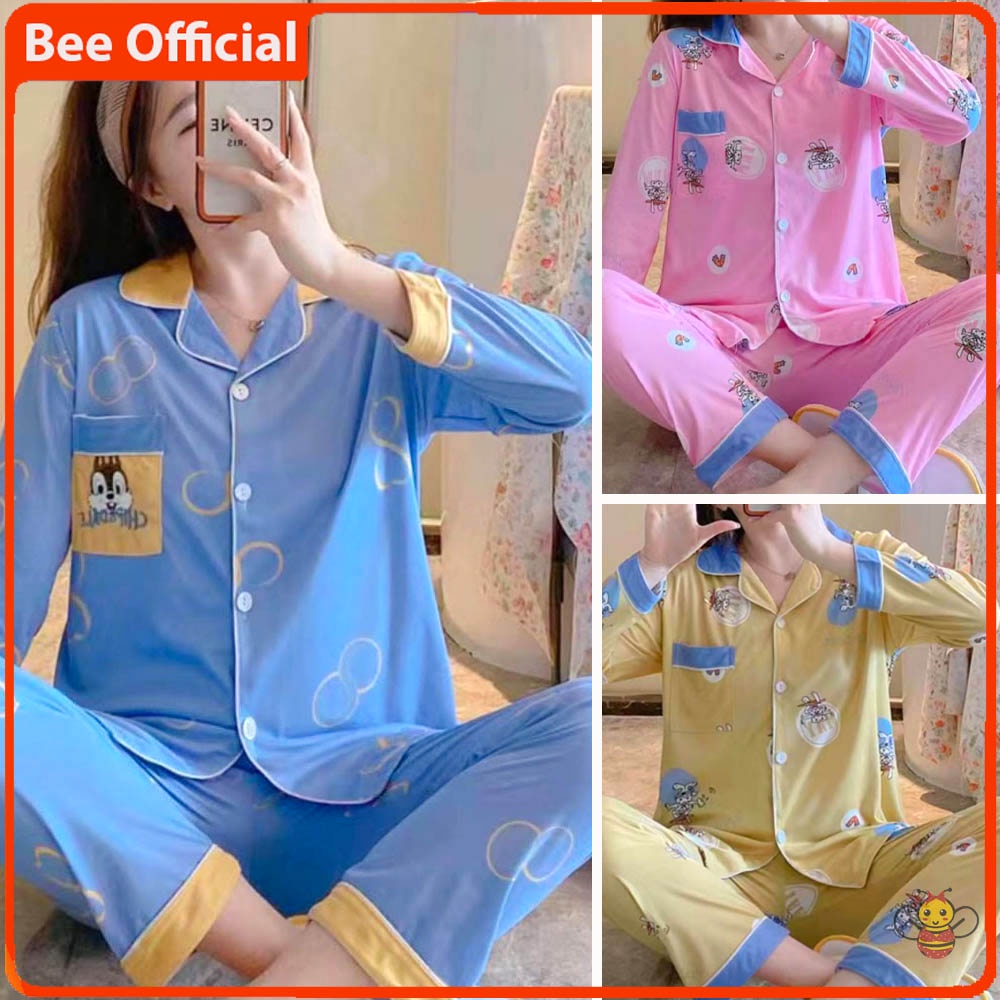 BEE - Setelan Wanita Import | Baju Tidur Lengan Panjang | Piyama Wanita | Baju Tidur Spandek