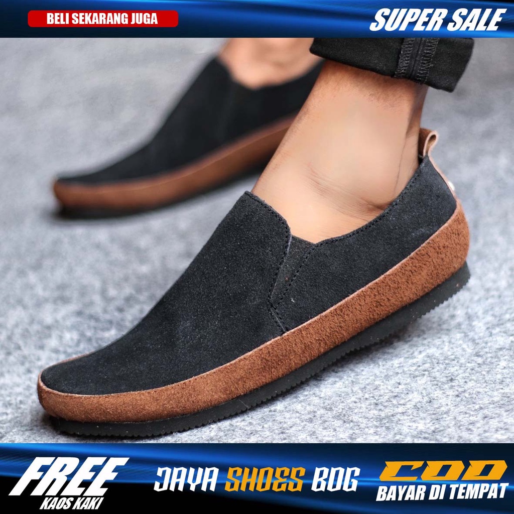 MARO Sepatu Casual Slop Pria HItam Kulit Asli Suede Slip On Cowok Trendy Murah