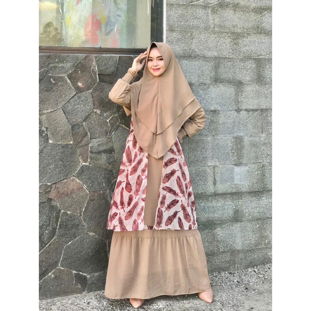 Gamis ceruty babydoll INARA set khimar motif printing outer bisa dilepas busana wanita muslim style terkini terbaru