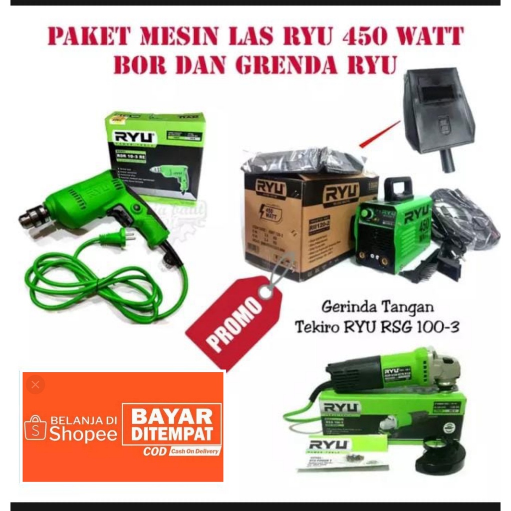 Paket 3 ITEM Mesin Mesin Las RYU Inverter MMA 120 IGBT 450 watt / Mesin las / Mesin trafo las / weld