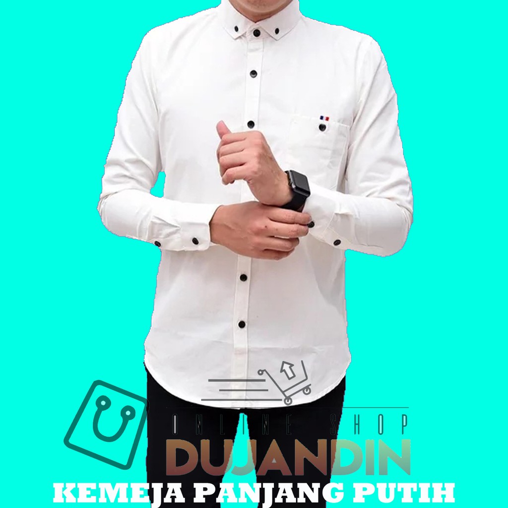 Kemeja PUTIH Polos Kancing Hitam Pria Formal Lengan Panjang Slim Fit Katun  Bahan Tebal Murah