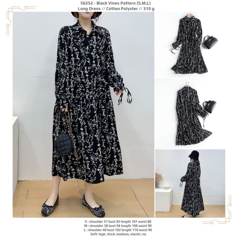56252 Black Vines Pattern Long Dress / Dress Casual Panjang Hitam