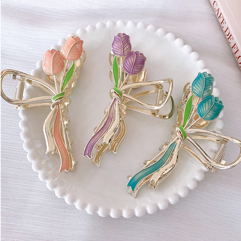 Jepit Rambut Bentuk Bunga Tulip Ganda Bahan Logam Gaya Korea Untuk Wanita
