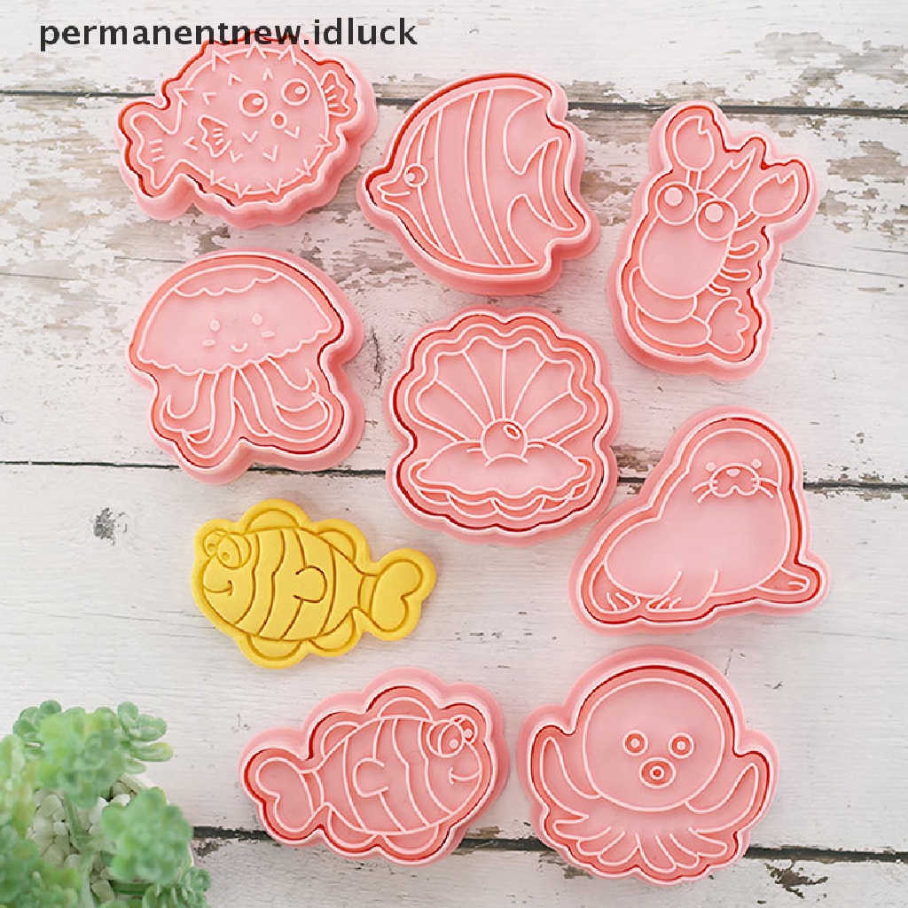 8pcs / Set Cetakan Pemotong Kue / Biskuit Bentuk Kartun Hewan Laut 3D Model Tekan Untuk Dapur