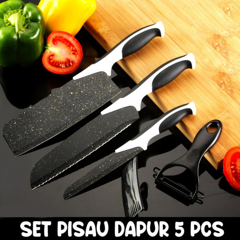 Set Pisau Dapur 5 in 1 Hitam Batu Maifan / Pisau Set 5pcs Kualitas Import Terbaik / Bisa Bayar Di Tempat